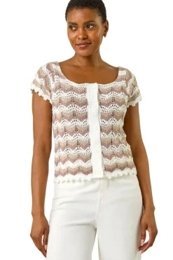 Roman Ivory Wave Crochet Buttoned Top