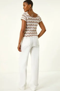 Roman Ivory Wave Crochet Buttoned Top