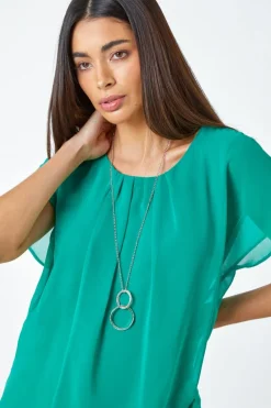 Roman Jade Chiffon Jersey Blouson Top with Necklace
