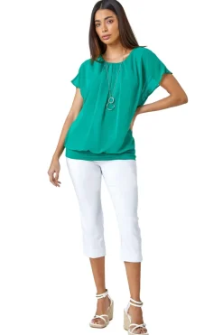 Roman Jade Chiffon Jersey Blouson Top with Necklace