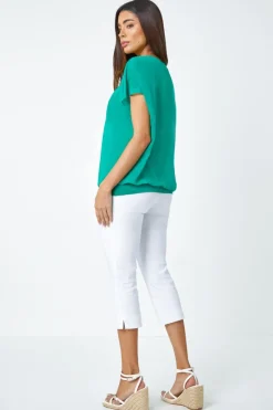 Roman Jade Chiffon Jersey Blouson Top with Necklace