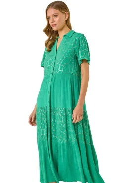 Roman Jade Foil Print V-Neck Button Midi Dress