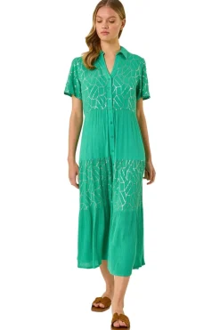 Roman Jade Foil Print V-Neck Button Midi Dress