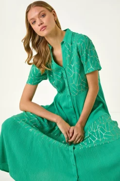 Roman Jade Foil Print V-Neck Button Midi Dress