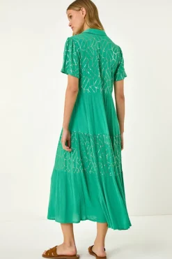 Roman Jade Foil Print V-Neck Button Midi Dress