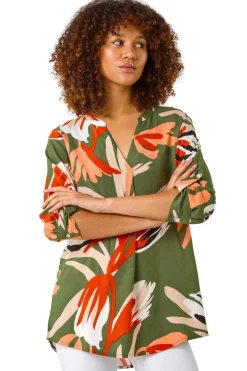 Roman Khaki Abstract Print Pleat Detail Top