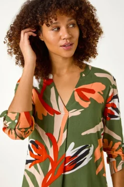 Roman Khaki Abstract Print Pleat Detail Top