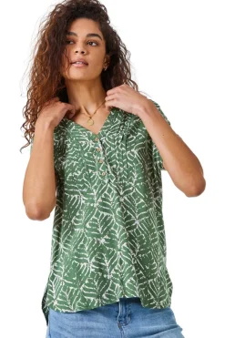 Roman Khaki Abstract Print Button Detail V-Neck Top