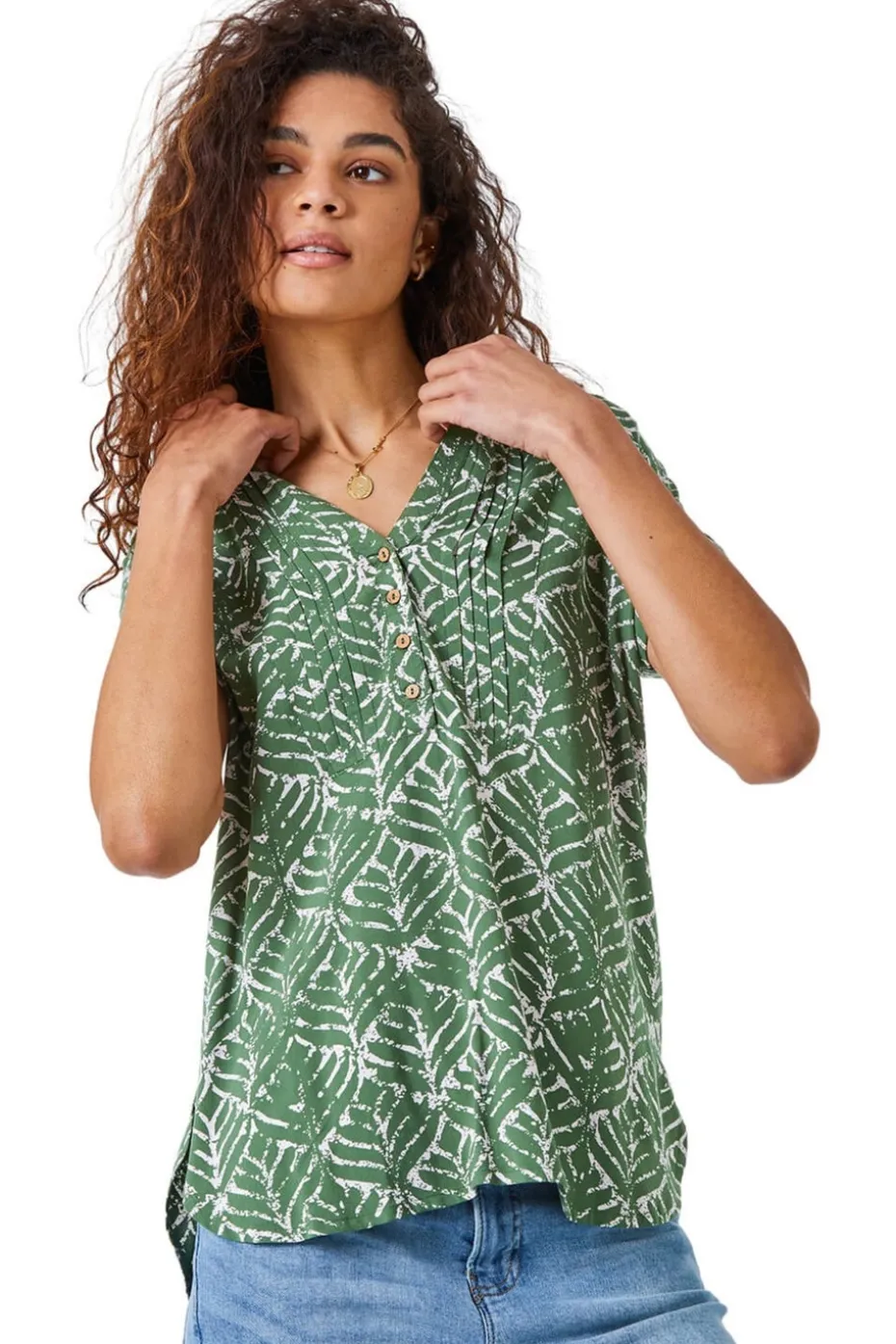 Roman Khaki Abstract Print Button Detail V-Neck Top