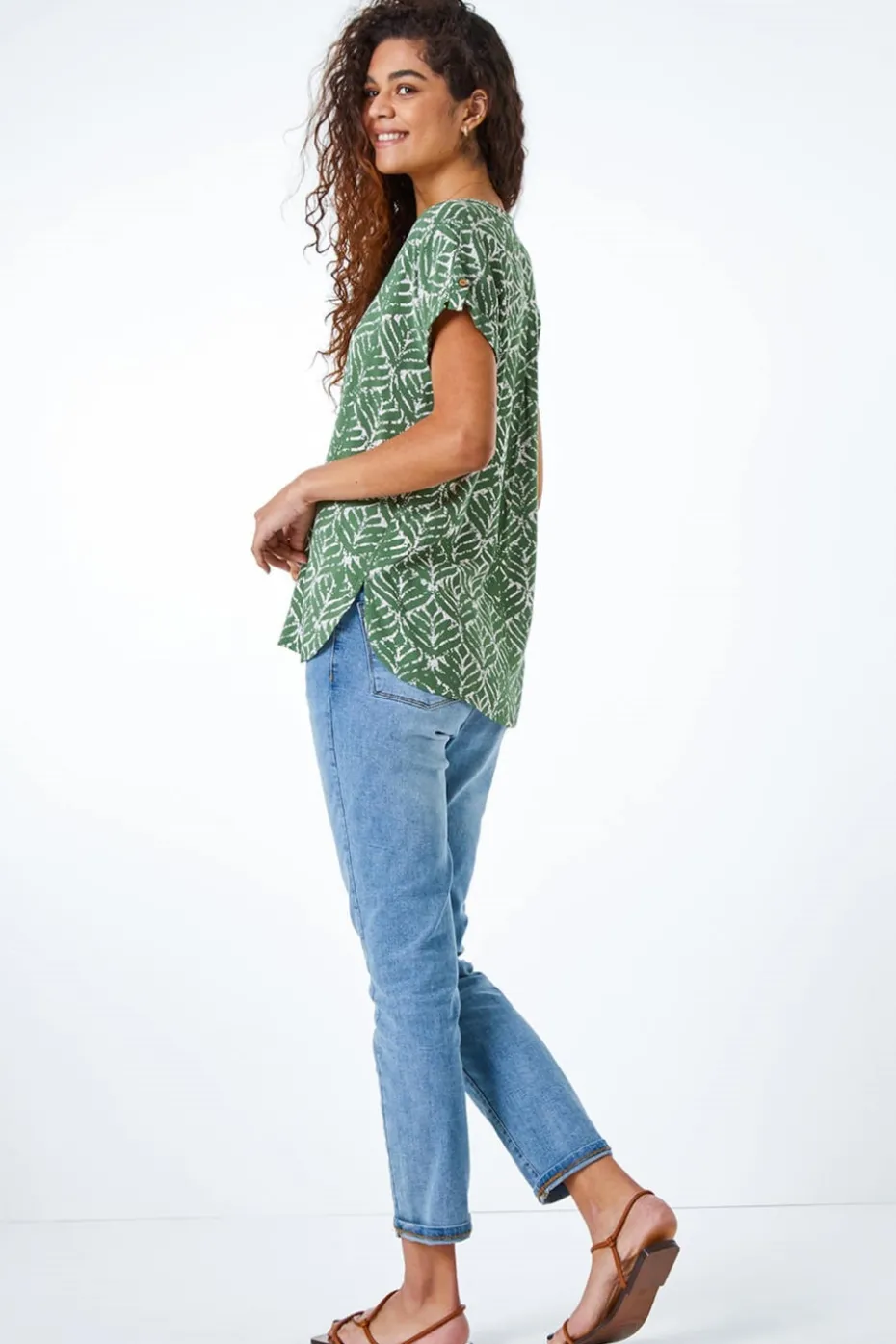 Roman Khaki Abstract Print Button Detail V-Neck Top