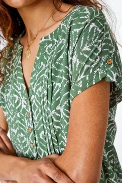 Roman Khaki Abstract Print Button Detail V-Neck Top