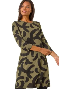 Roman Khaki Brushstroke A-Line Stretch Dress