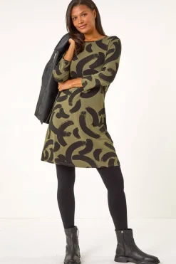 Roman Khaki Brushstroke A-Line Stretch Dress