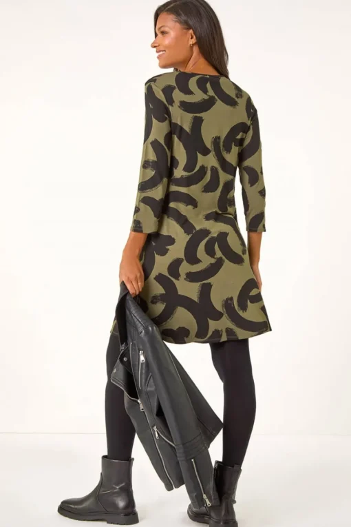 Roman Khaki Brushstroke A-Line Stretch Dress