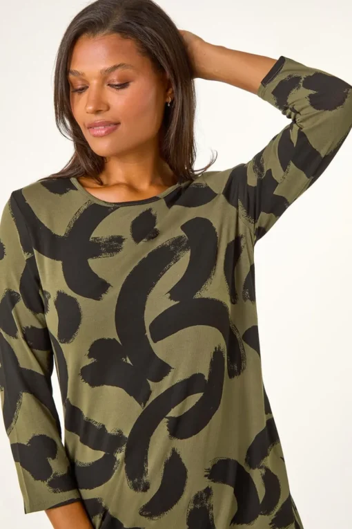 Roman Khaki Brushstroke A-Line Stretch Dress