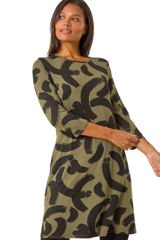 Roman Khaki Brushstroke A-Line Stretch Dress