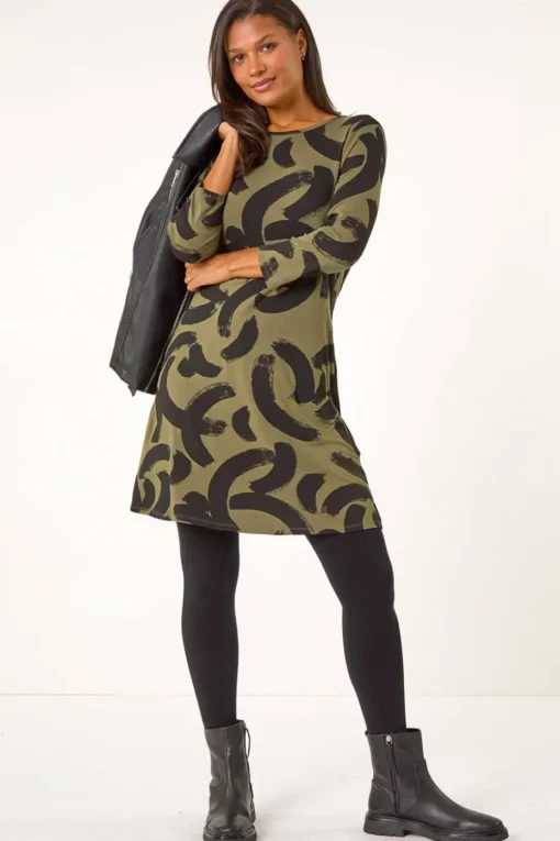 Roman Khaki Brushstroke A-Line Stretch Dress