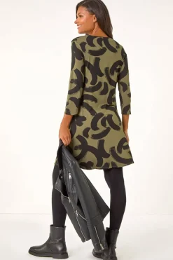 Roman Khaki Brushstroke A-Line Stretch Dress