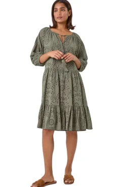 Roman Khaki Cotton Broderie Tiered Smock Dress