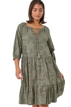 Roman Khaki Cotton Broderie Tiered Smock Dress