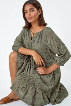 Roman Khaki Cotton Broderie Tiered Smock Dress