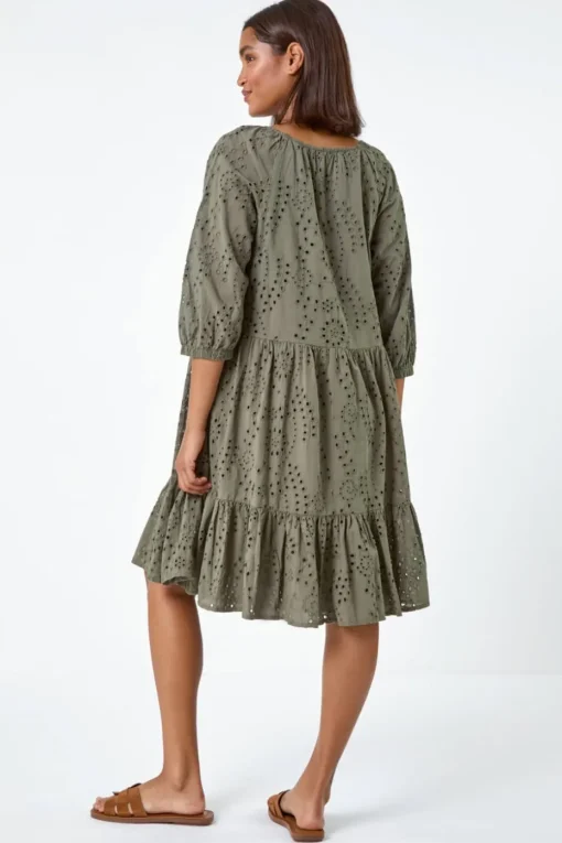Roman Khaki Cotton Broderie Tiered Smock Dress