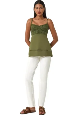 Roman Khaki Crochet V Neck Cami Top