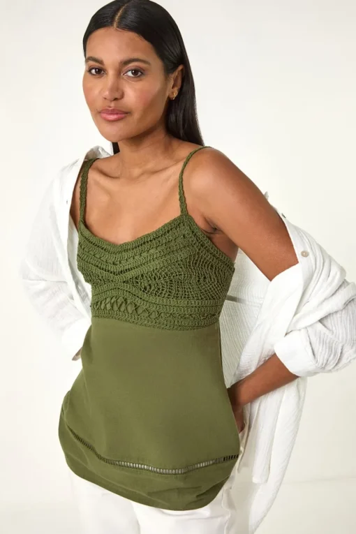 Roman Khaki Crochet V Neck Cami Top