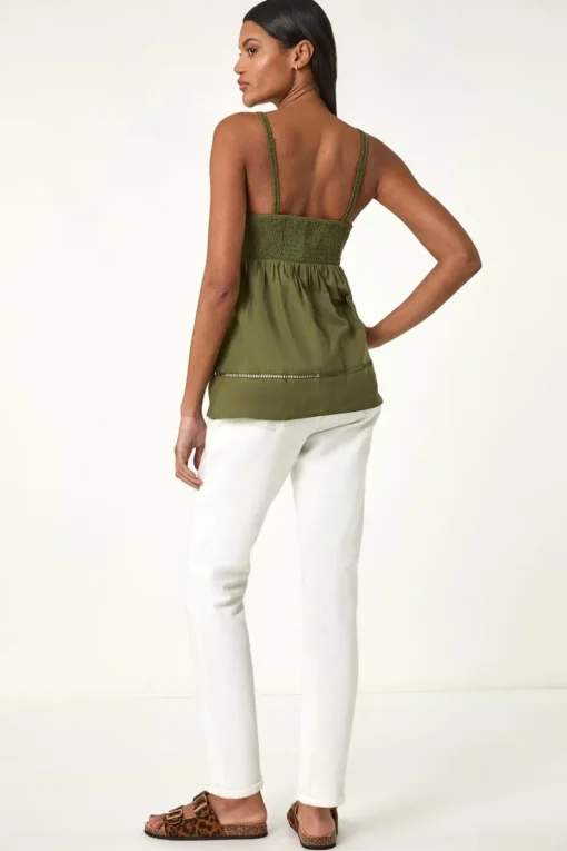 Roman Khaki Crochet V Neck Cami Top