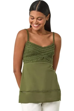 Roman Khaki Crochet V Neck Cami Top