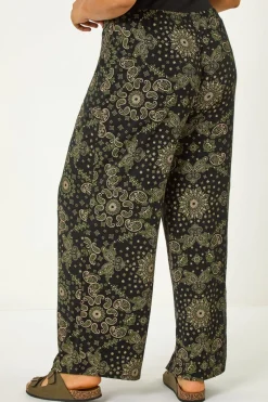 Roman Khaki Curve Paisley Print Wide Leg Trouser