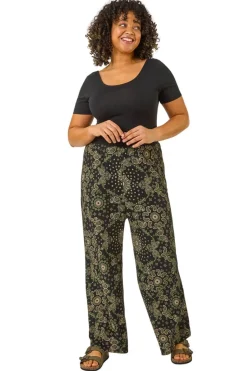 Roman Khaki Curve Paisley Print Wide Leg Trouser