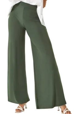 Roman Khaki Elastic Waist Wide Leg Stretch Trousers
