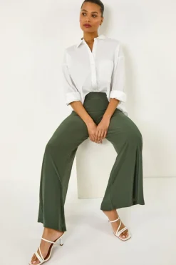 Roman Khaki Elastic Waist Wide Leg Stretch Trousers