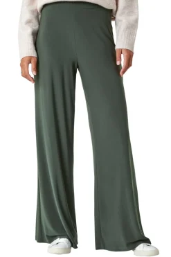Roman Khaki Elastic Waist Wide Leg Stretch Trousers