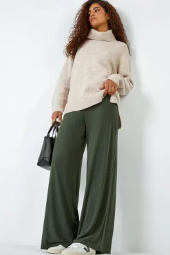 Roman Khaki Elastic Waist Wide Leg Stretch Trousers