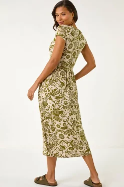 Roman Khaki Floral Print Ruched Stretch Midi Dress