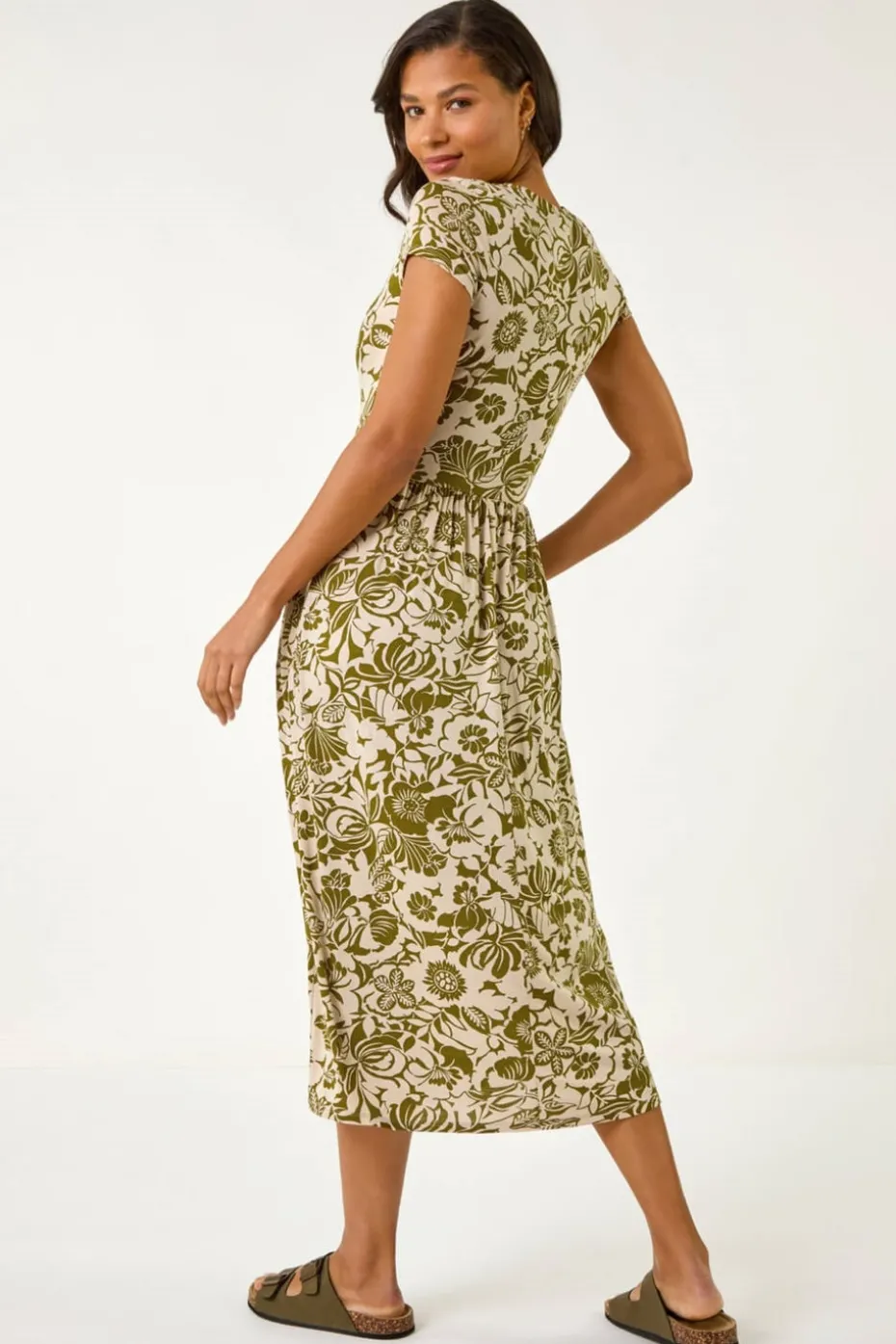 Roman Khaki Floral Print Ruched Stretch Midi Dress