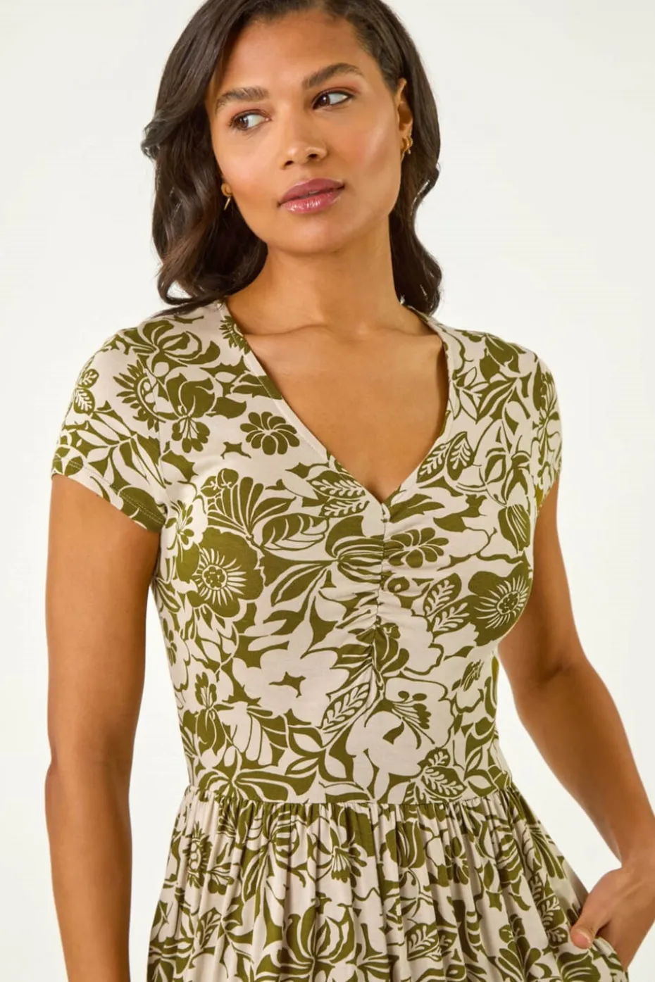 Roman Khaki Floral Print Ruched Stretch Midi Dress
