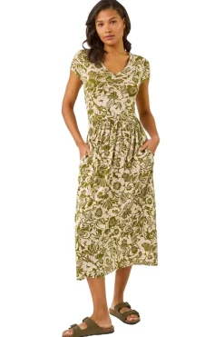 Roman Khaki Floral Print Ruched Stretch Midi Dress