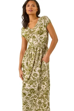 Roman Khaki Floral Print Ruched Stretch Midi Dress