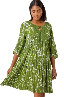 Roman Khaki  Floral Print Lace Detail Smock Dress