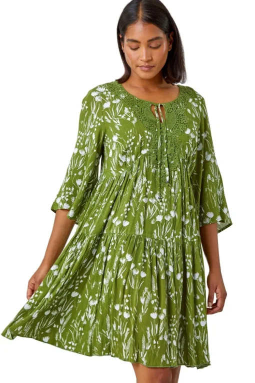 Roman Khaki  Floral Print Lace Detail Smock Dress