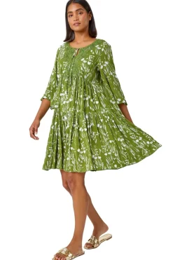 Roman Khaki  Floral Print Lace Detail Smock Dress