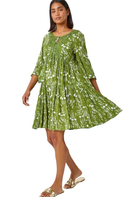 Roman Khaki  Floral Print Lace Detail Smock Dress