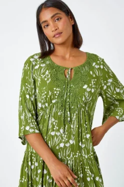 Roman Khaki  Floral Print Lace Detail Smock Dress