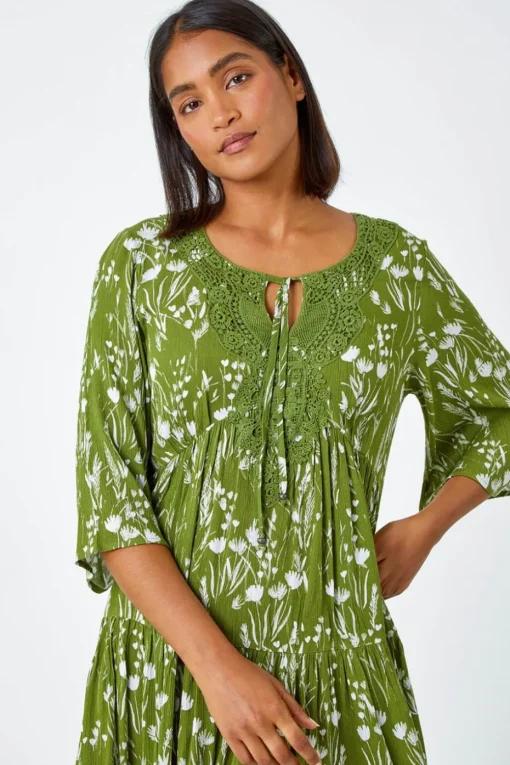 Roman Khaki  Floral Print Lace Detail Smock Dress