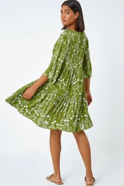 Roman Khaki  Floral Print Lace Detail Smock Dress