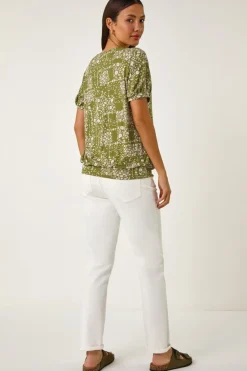 Roman Khaki Floral Print Bubble Hem Top