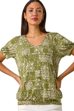 Roman Khaki Floral Print Bubble Hem Top